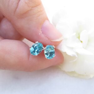 Apatite Stud Earrings, Sterling Silver, Tropical Blue Gemstone