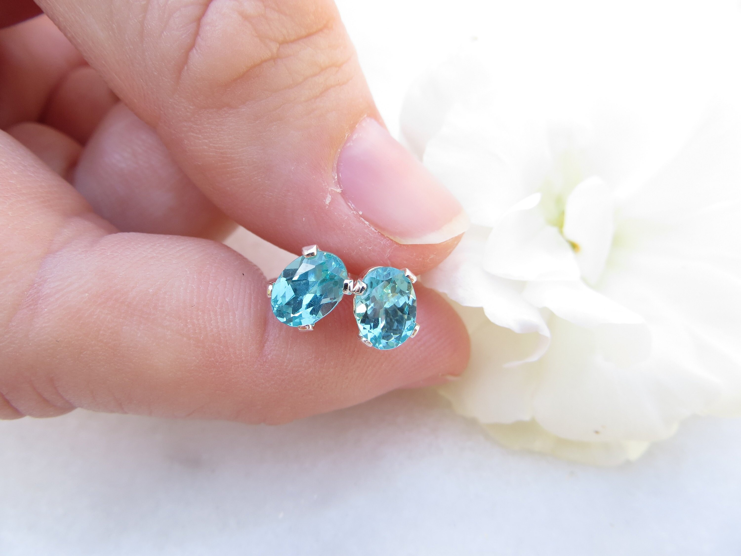 Apatite Stud Earrings, Sterling Silver, Tropical Blue Gemstone