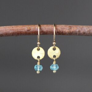 Teal Apatite Earrings - Blue Gemstone Earrings - Brushed Gold Earrings - Small Gold Earrings - Gold Wire Wrapped Earrings - Petite Dangles
