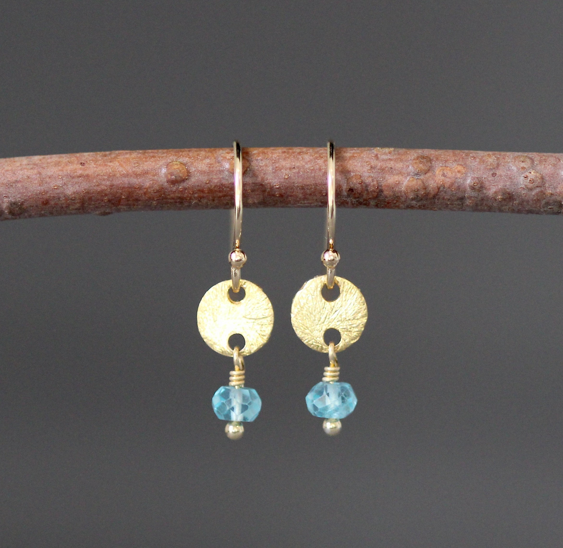 Teal Apatite Earrings - Blue Gemstone Earrings - Brushed Gold Earrings - Small Gold Earrings - Gold Wire Wrapped Earrings - Petite Dangles