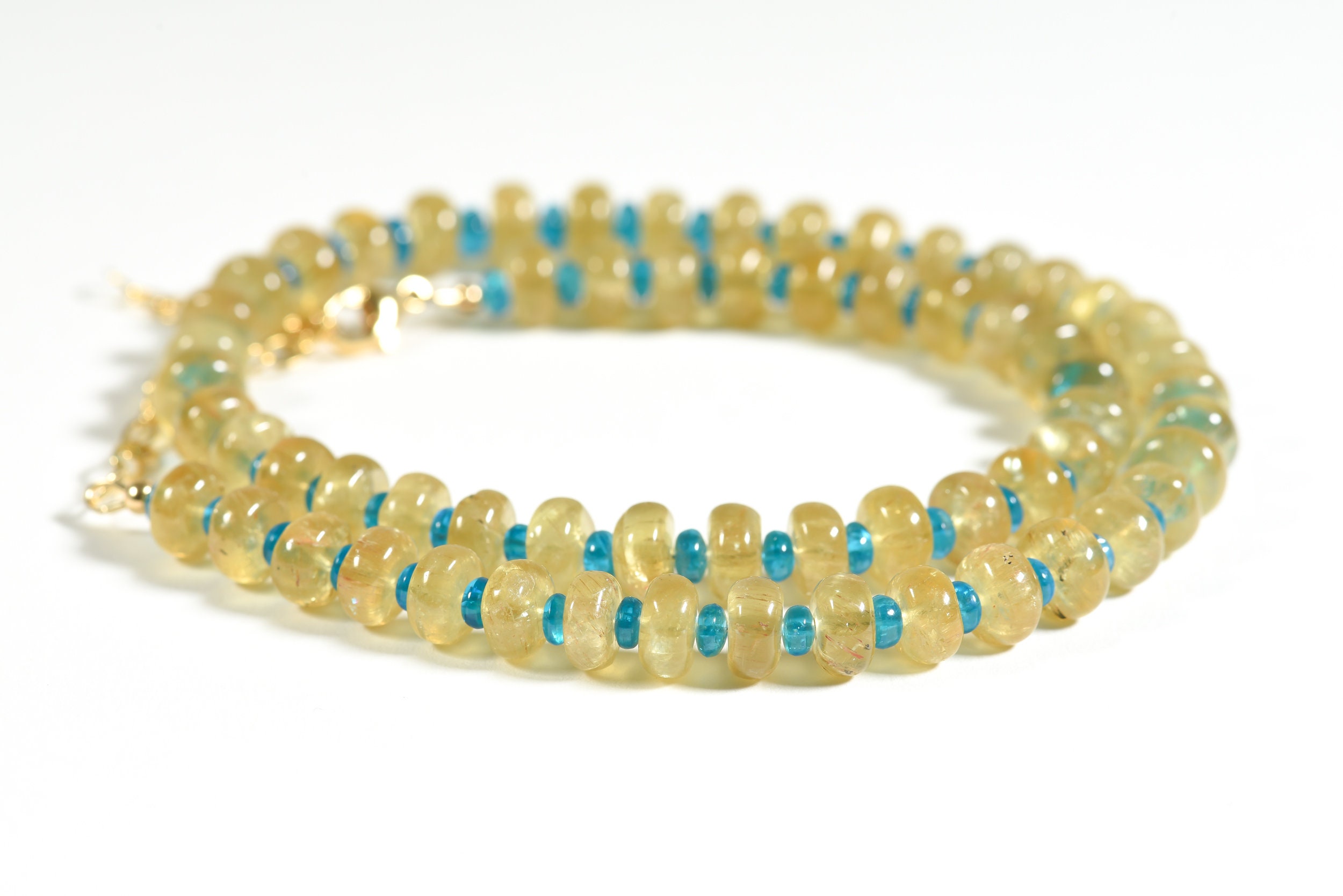 Aaa Neon Apatite With Yellow Apatite Necklace, Blue Yellow Gemstone Jewelry, Smooth Rondells Apatite Aaa Neon Apatite With Yellow Apatite Necklace, Blue Yellow Gemstone Jewelry, Smooth Rondells Apatite