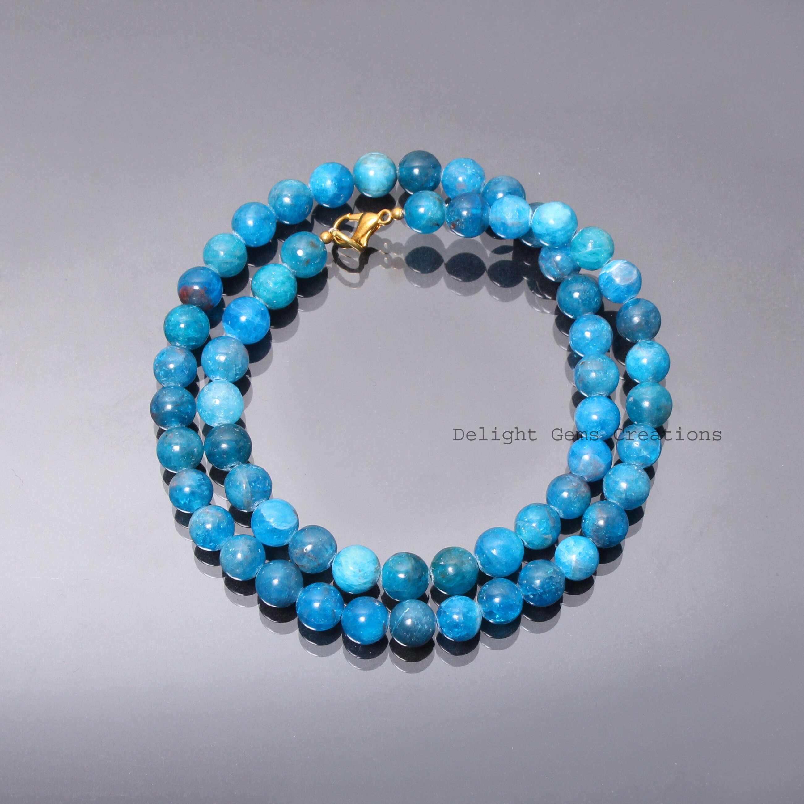 Blue Apatite Beaded Necklace, 8mm Smooth Gemstone, Handmade Jewelry Blue Apatite Beaded Necklace, 8mm Smooth Gemstone, Handmade Jewelry
