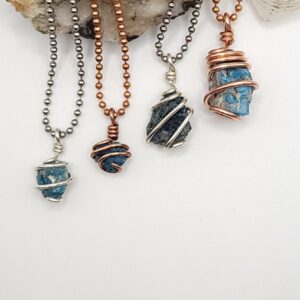 Blue Apatite Crystal Necklace: Sterling Silver Or Copper Wire Wrapped Blue Apatite Crystal Necklace: Sterling Silver Or Copper Wire Wrapped
