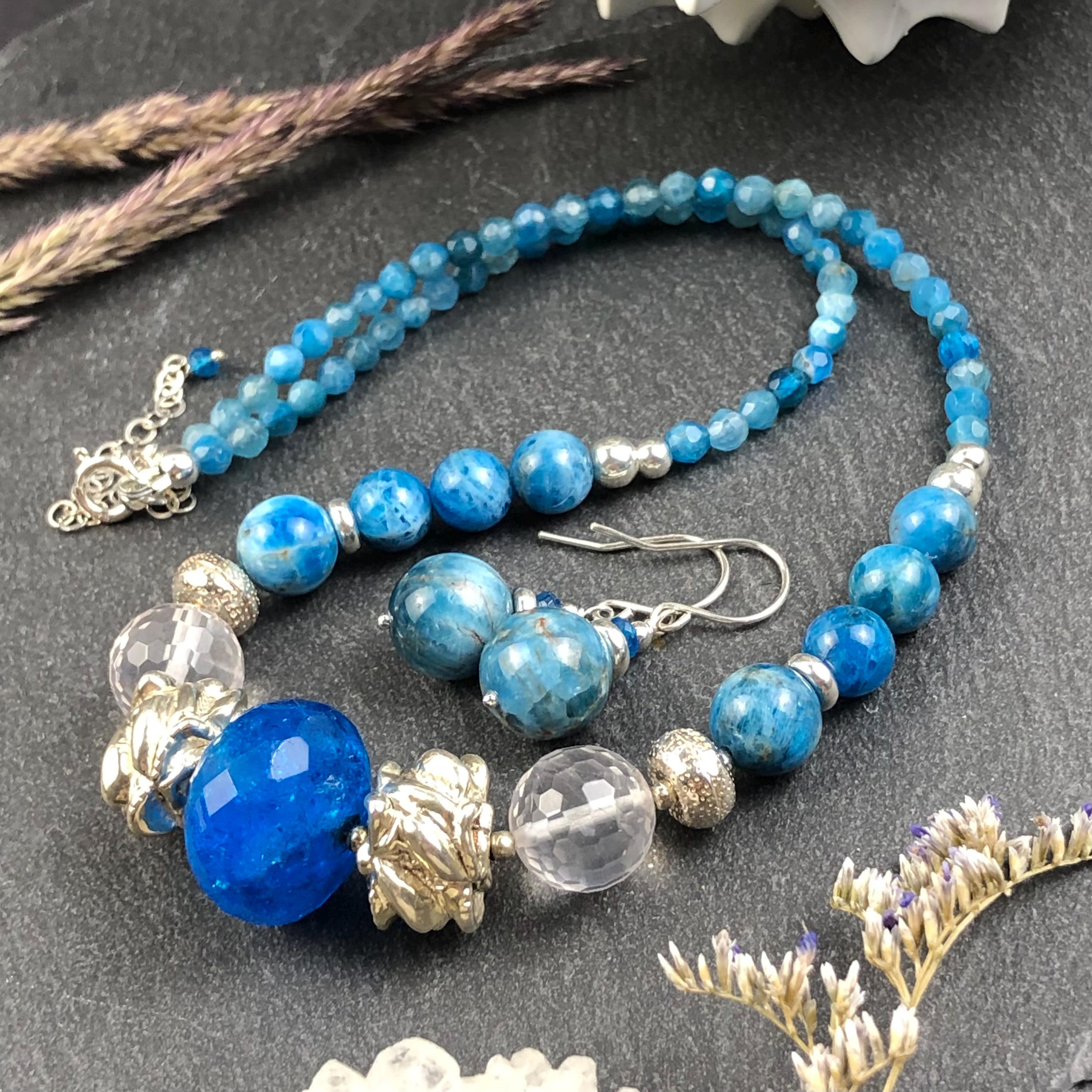Blue Apatite Rock Crystal Sterling Silver Necklace, Handmade Boho Gemstone Choker 7628
