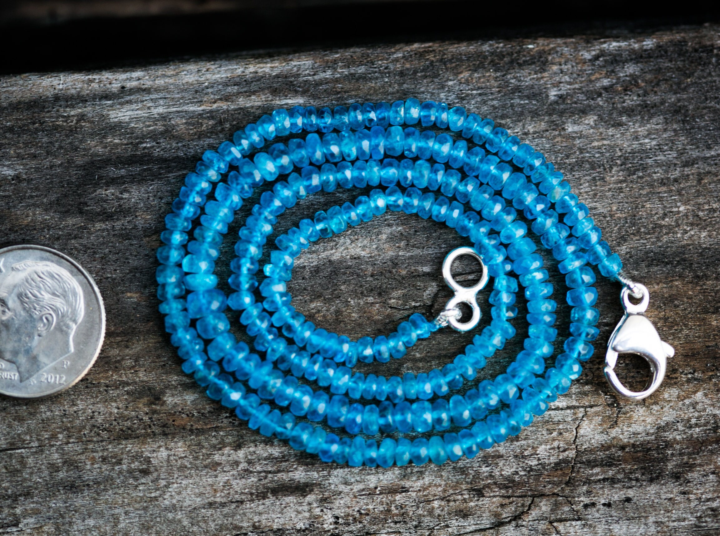 Bright Blue Apatite Necklace: 925 Sterling Silver, 18 Inch Rondelle Bead