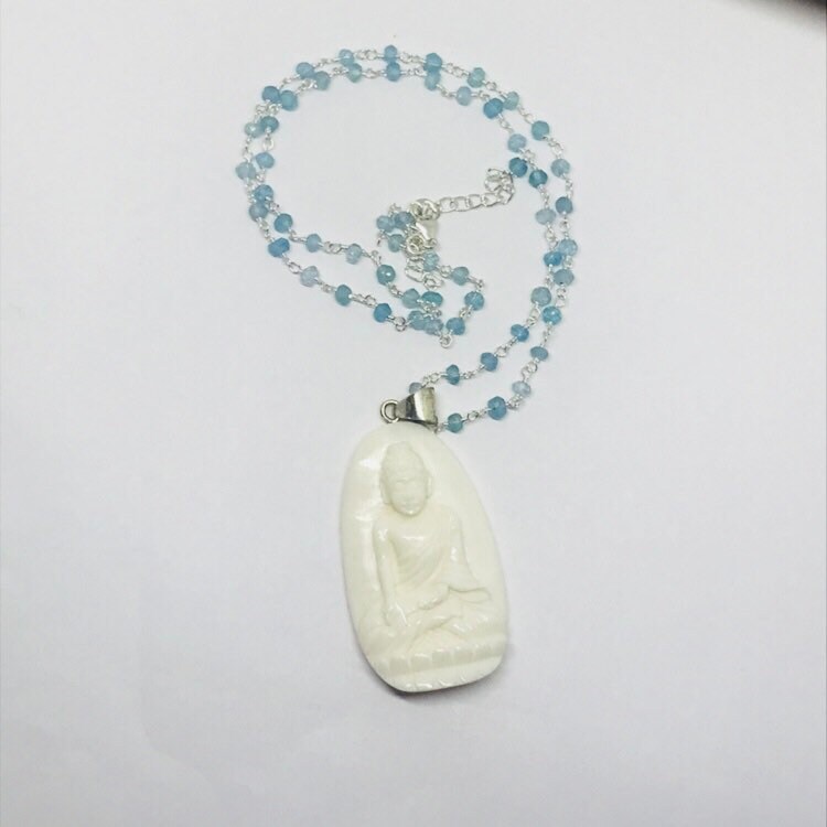 Buddha Hand Carved Bone Necklace With Apatite - Sterling Silver - Bone Jewelry - Buddha Jewelry - Handmade - Blue Stone Necklace