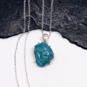 Cerulean Sky - Beautiful Natural Neon Blue Apatite Rough Sterling Silver Necklace Cerulean Sky - Beautiful Natural Neon Blue Apatite Rough Sterling Silver Necklace
