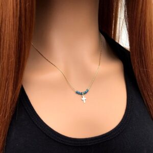 Dainty 14k Gold Filled Cross Necklace – Blue Apatite Beaded Chain