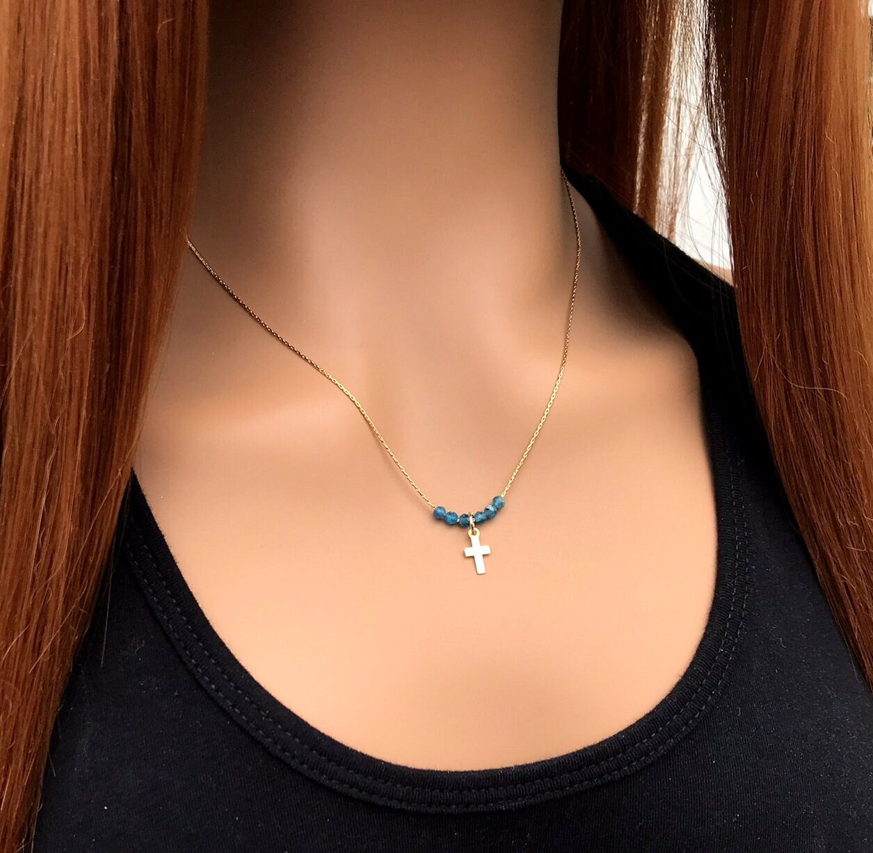 Dainty 14k Gold Filled Cross Necklace – Blue Apatite Beaded Chain