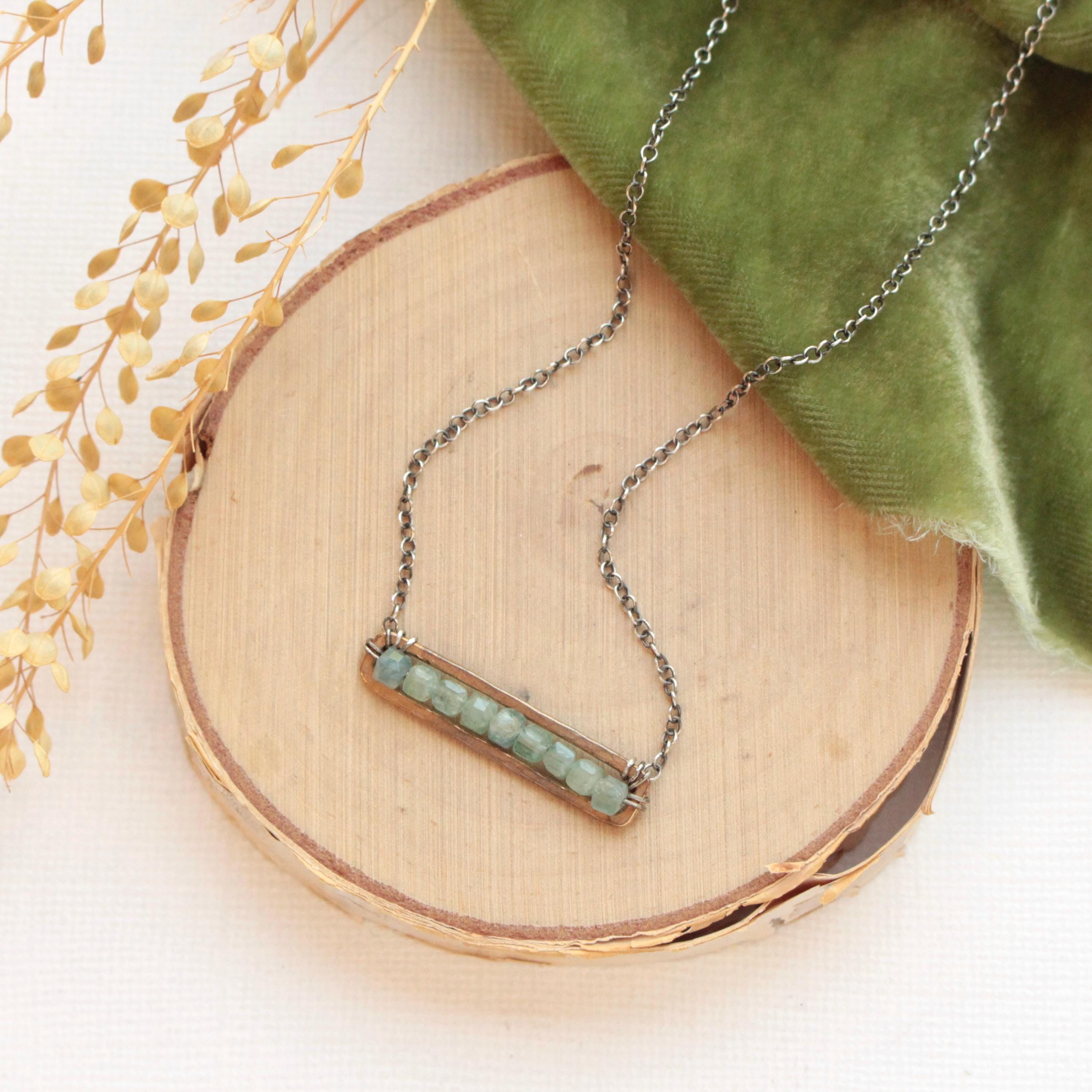 Green Apatite Beaded Bronze Bar Necklace, Mixed Metal Bar Necklace, Rustic Jewelry, Earthy Gemstone Necklace