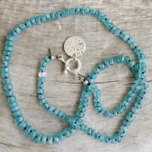 Hand Knotted Blue Apatite Necklace: Sterling Silver Clasp, Gemstone Bead Hand Knotted Blue Apatite Necklace: Sterling Silver Clasp, Gemstone Bead