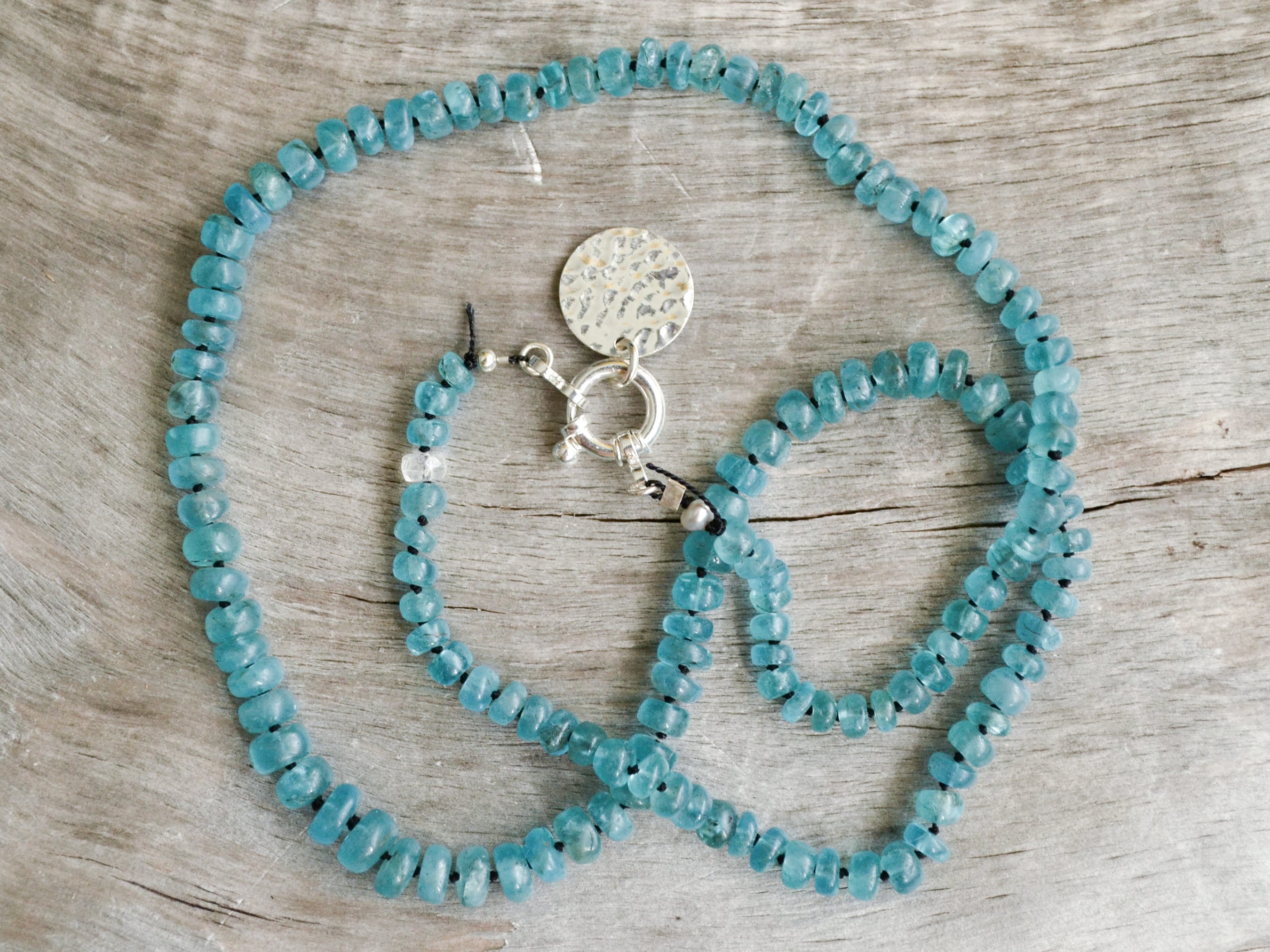 Hand Knotted Blue Apatite Necklace: Sterling Silver Clasp, Gemstone Bead Hand Knotted Blue Apatite Necklace: Sterling Silver Clasp, Gemstone Bead