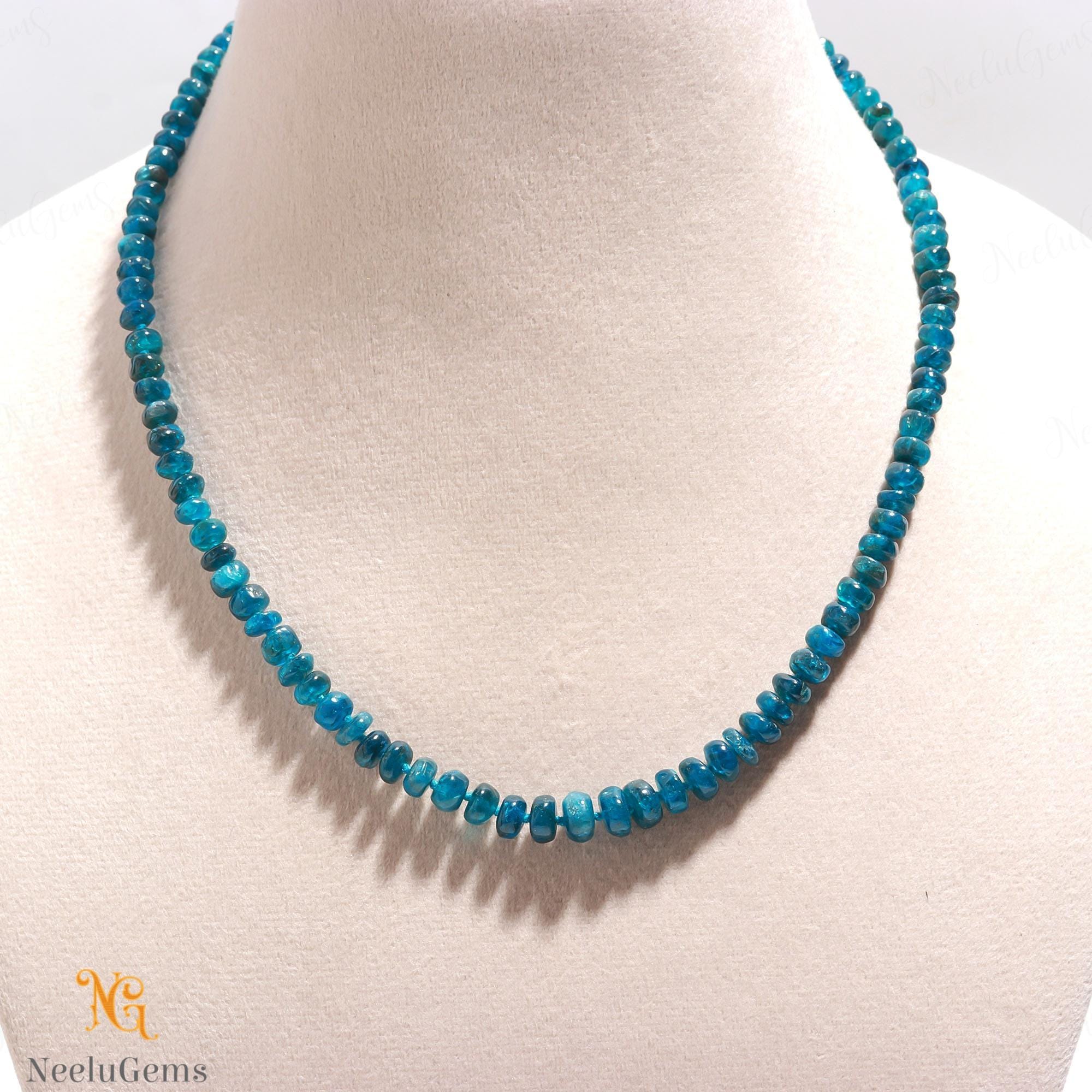 Neon Apatite Necklace, Hand Knotted Smooth Rondelle Beads, 6-9mm Natural Blue Teal Gemstone, Electric Blue Crystal Choker, Boho Luxe Gift Neon Apatite Necklace, Hand Knotted Smooth Rondelle Beads, 6-9mm Natural Blue Teal Gemstone, Electric Blue Crystal Choker, Boho Luxe Gift