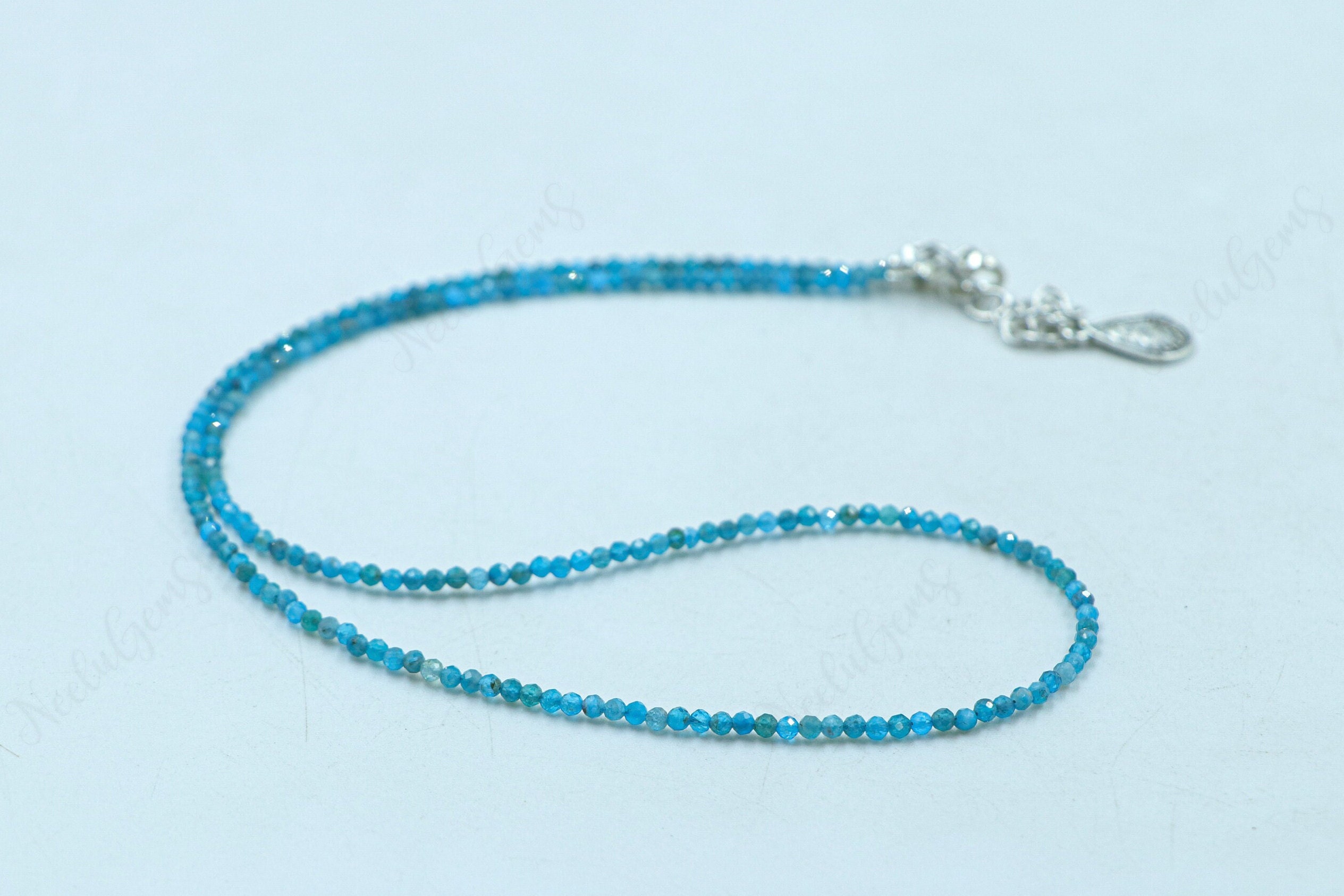Neon Apatite Necklace, Micro Cut Faceted Gemstone Choker, Electric Blue Dainty Jewelry, Minimalist Manifestation Stone Handmade Gift For Her
