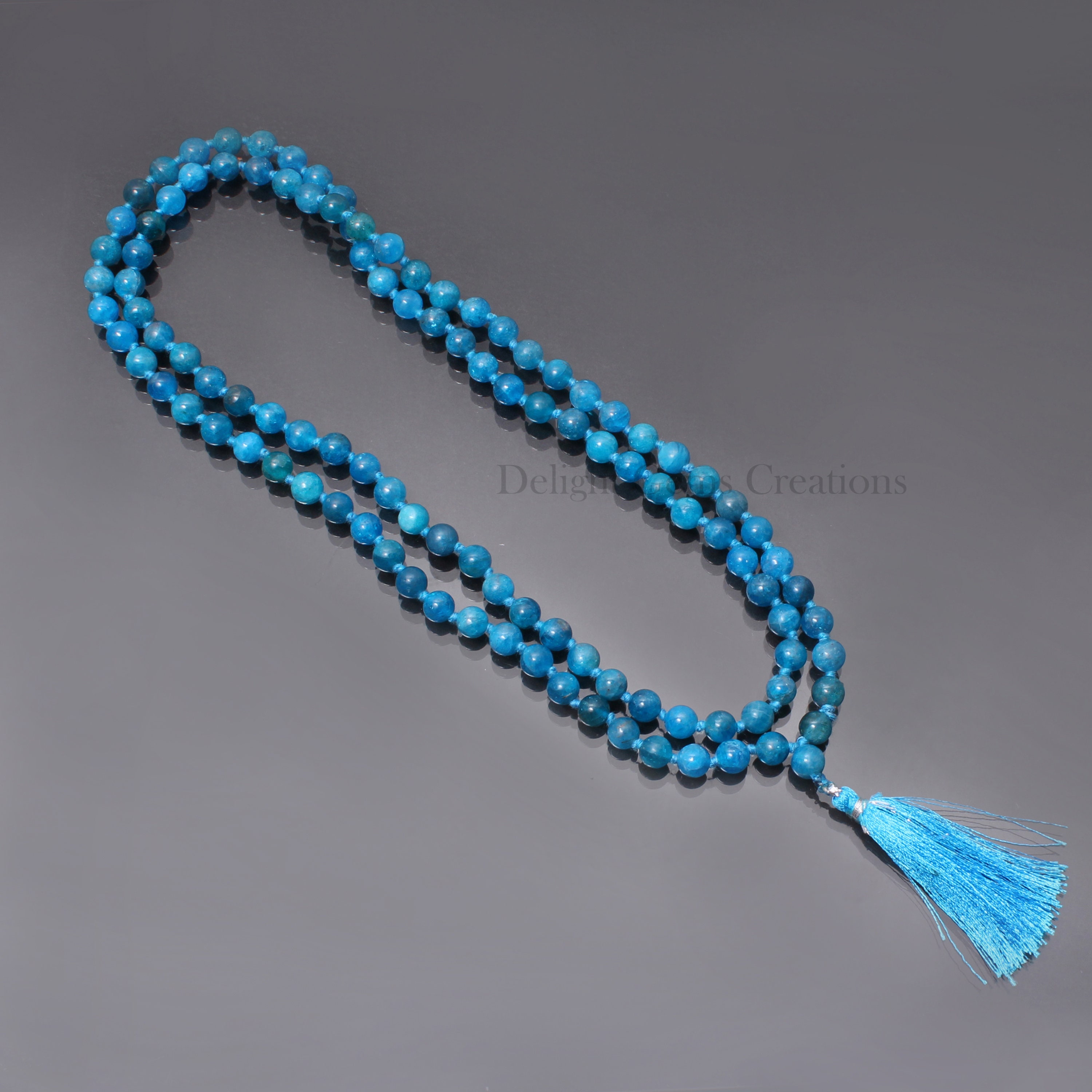 On Sale Natural Apatite 108 Beads Mala Necklace, 8mm Round Beads, Hand Knotted Beads Tassel Necklace, Meditation Mala, Wrap Mala Necklace
