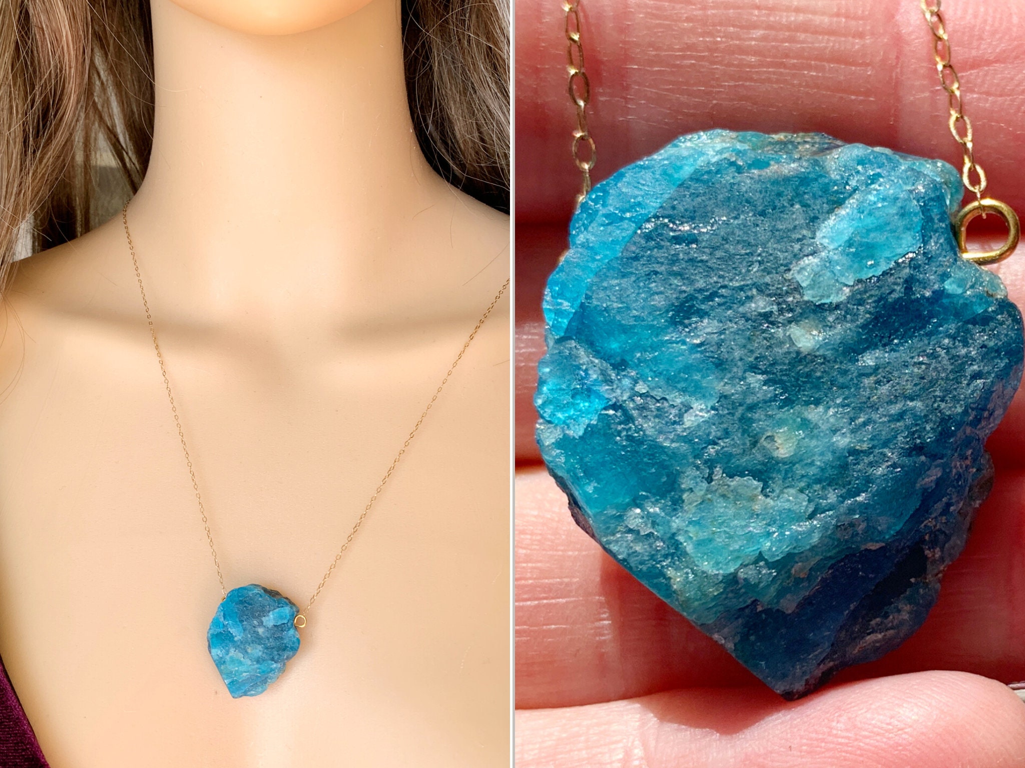 Raw Apatite Necklace, Apatite Crystal Necklace, Blue Stone Necklace Silver, Chakra Necklace, Real Apatite Jewelry, Rough Stone Actual Stone