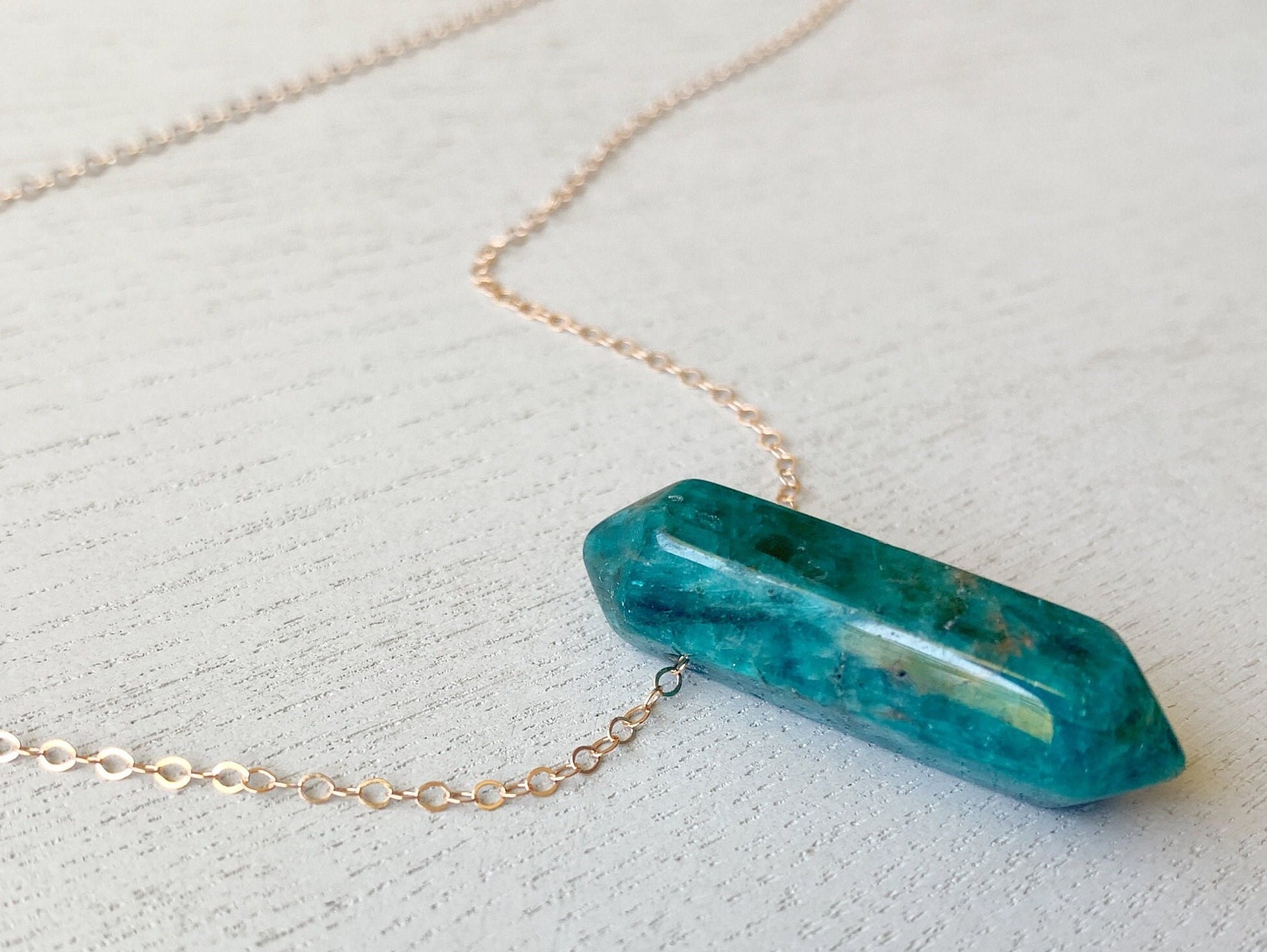 Raw Apatite Double Point Necklace: Sterling Silver Or Gold Chain Raw Apatite Double Point Necklace: Sterling Silver Or Gold Chain