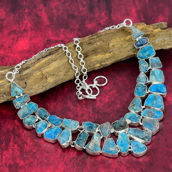 Rough Neon Apatite Necklace, 925 Sterling Silver Neon Apatite Gemstone Jewelry Healing Jewelry Adjustable Chain Necklace, Anniversary Gifts.