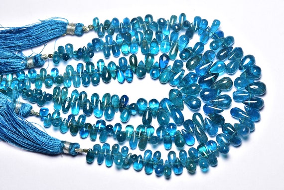 Neon Blue Apatite Teardrop Beads - 7 Inches - Natural Smooth Apatite Tear Drop Briolettes - Size Is 3.5x6 - 5.5x11 Mm #2445