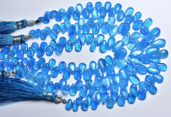 Neon Apatite Teardrop Beads - 7 Inches -  High Quality Natural Smooth Neon Electric Blue Apatite Pear Briolettes - Size Is 4x7-5x9 Mm #1969
