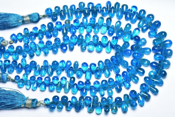 Neon Apatite Teardrop Beads - 7 Inches - Beautiful Natural Vivid Blue Apatite Smooth Teardrop Briolettes - Size Is 4x5-5x8 Mm #1585