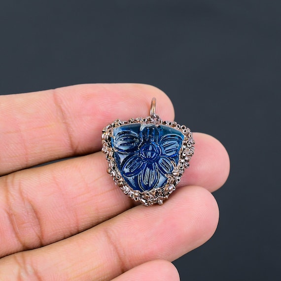 Carved Apatite Flower Pendant, Electroformed Copper Jewelry