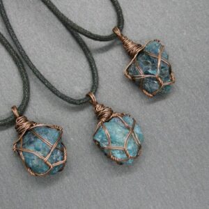 Apatite Pendant, Copper Rough Gemstone Necklace, Throat Chakra Stone, Boho Chic Unisex Jewelry