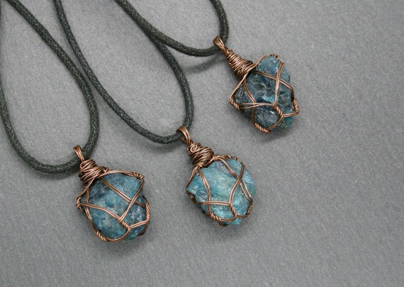 Apatite Pendant, Copper Rough Gemstone Necklace, Throat Chakra Stone, Boho Chic Unisex Jewelry