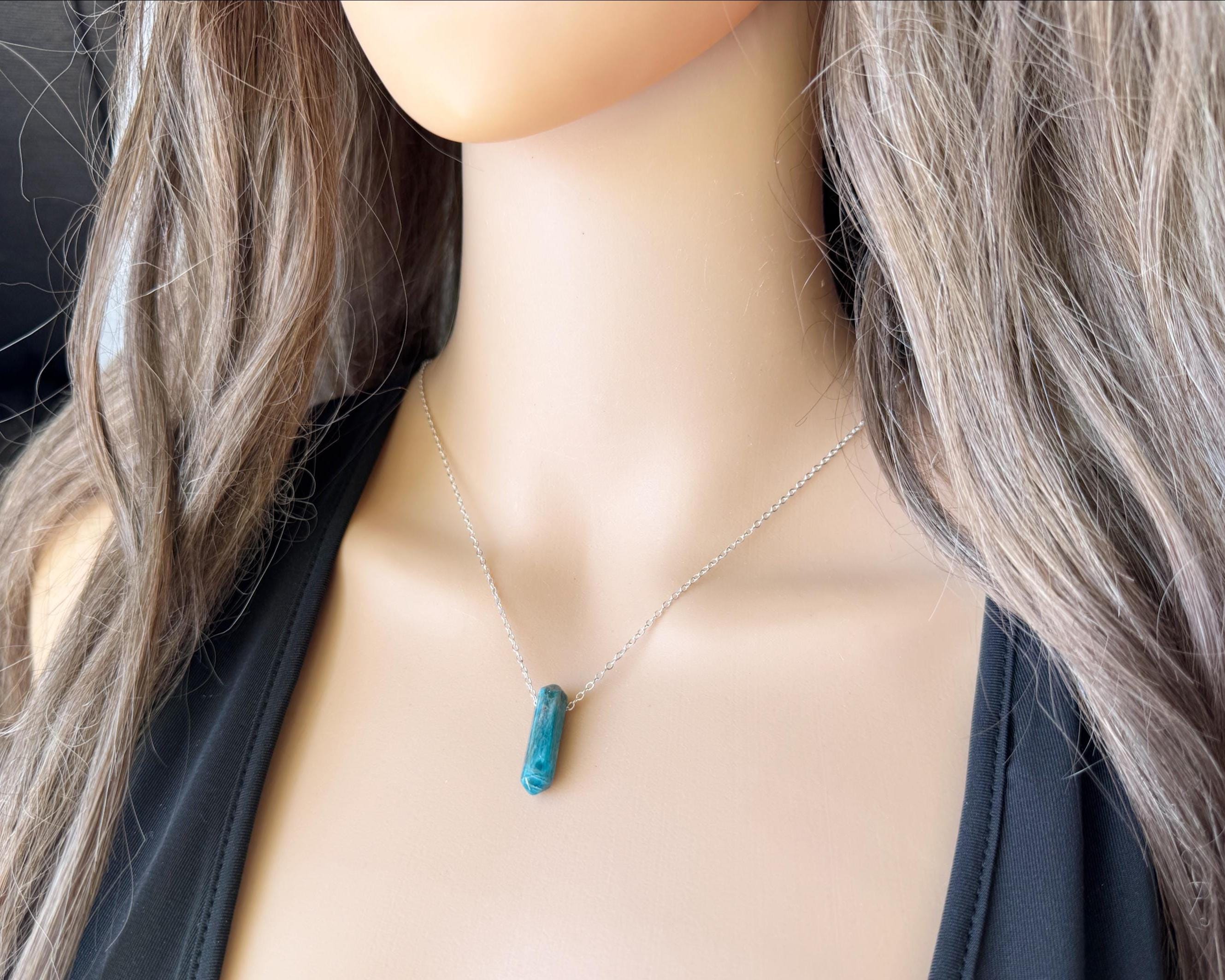 Dainty Apatite Necklace Sterling Silver, Handmade Blue Crystal Gemstone Pendant Gold Double Point Stone Necklace, X Small Apatite Jewelry
