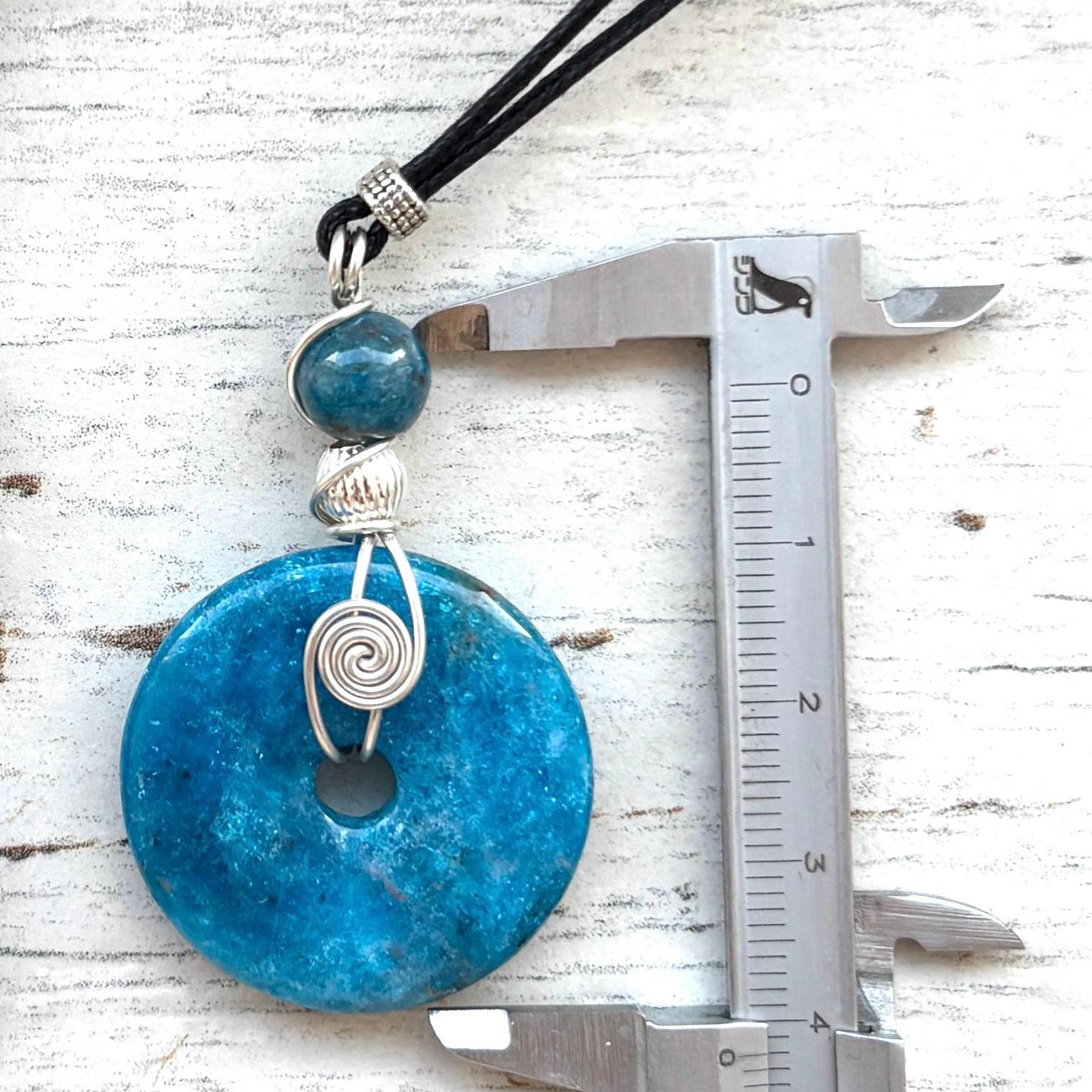 Apatite Donut Pendant, Sterling Silver Wire Wrap, Boho Necklace, Adjustable Cord Style