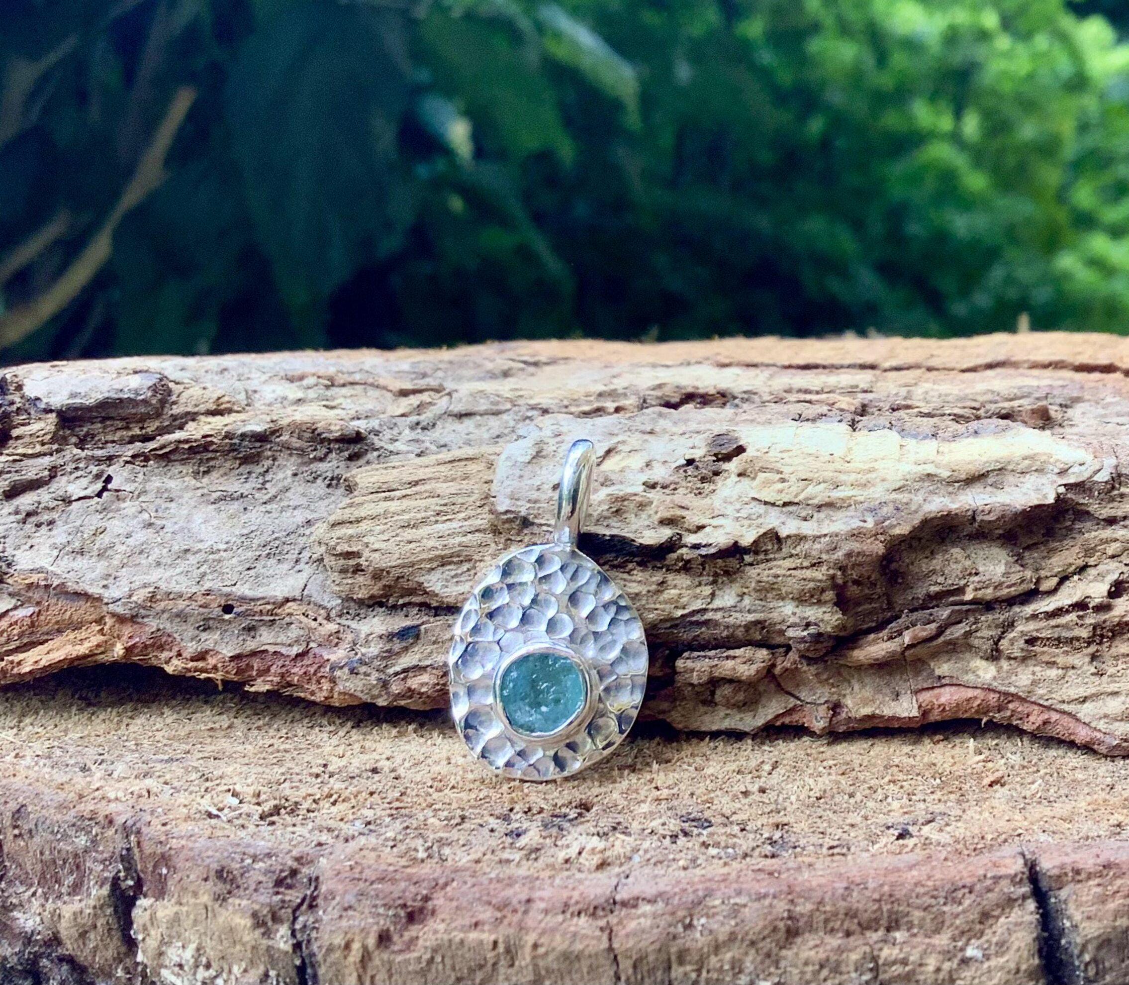 Apatite Gemstone Sterling Silver Pendant, Hammered Finish