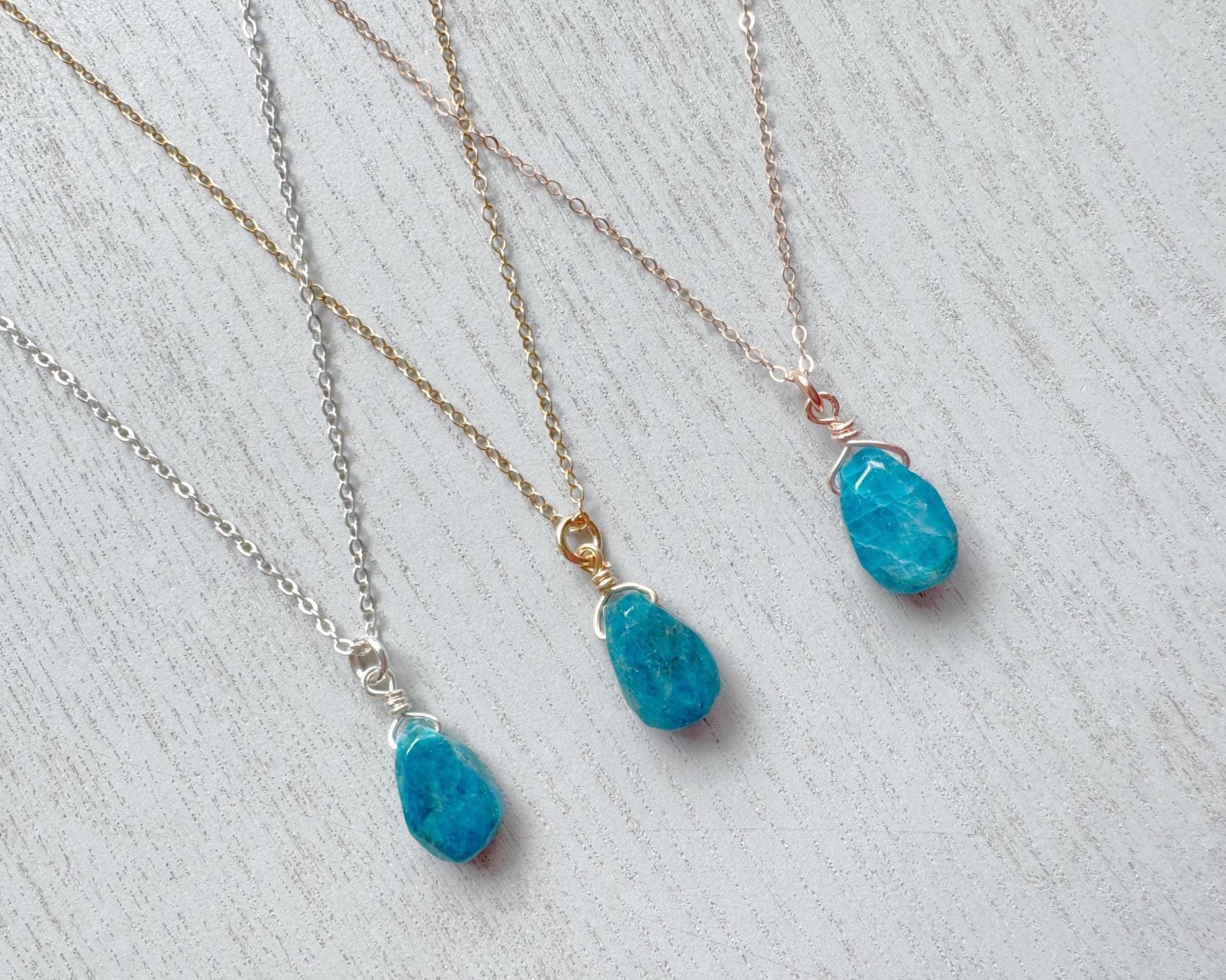 Genuine Apatite Crystal Necklace Sterling Silver, Handmade Blue Gemstone Pendant Gold, Raw Apatite Jewelry, Crystal Healing Necklace For Her