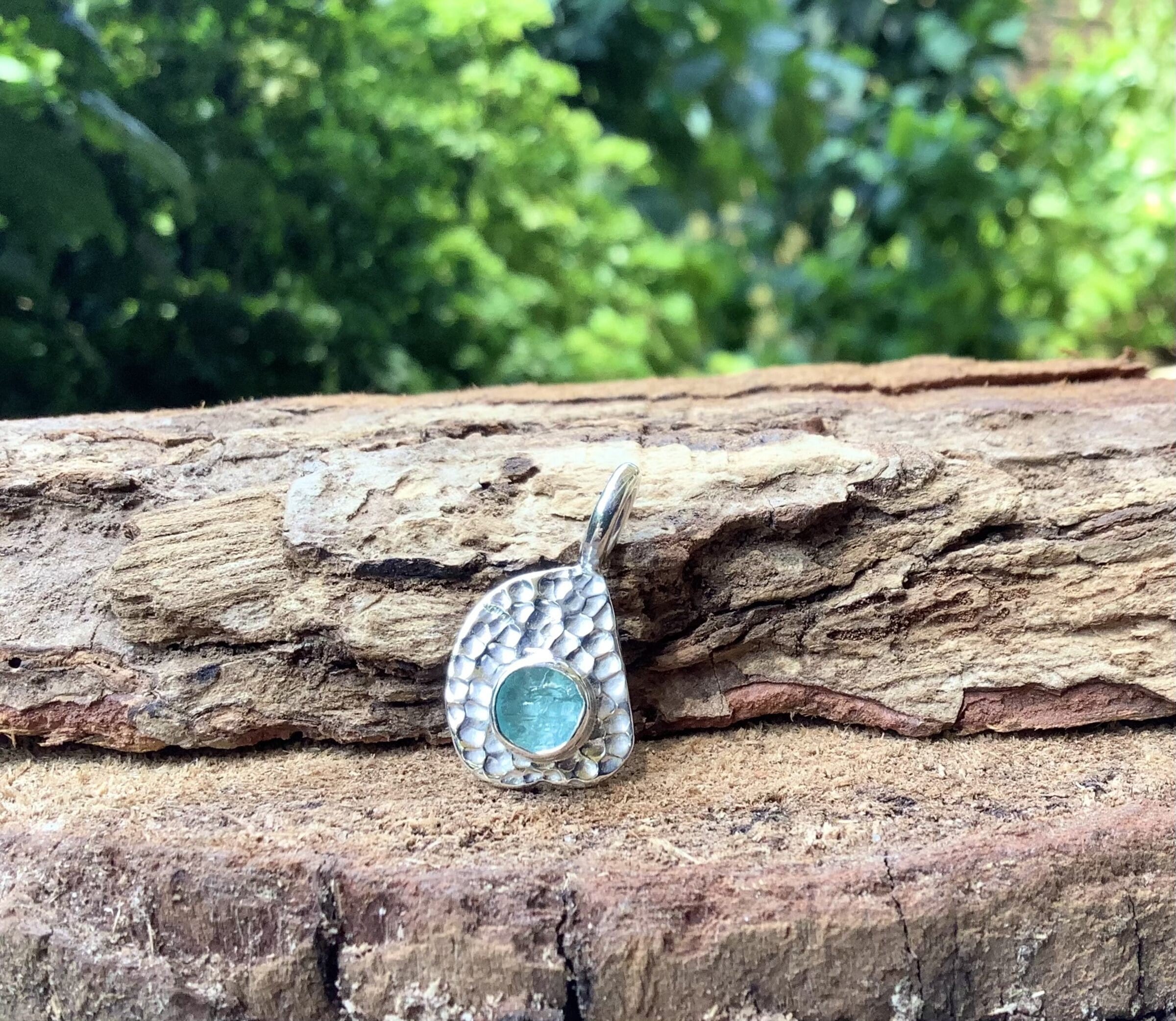 Hammered Sterling Silver Apatite Pendant: Freeform Blue Gemstone Charm