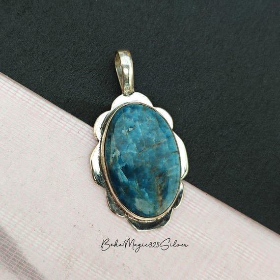 Handmade Blue Apatite Pendant: 925 Sterling Silver Gemstone Jewelry Handmade Blue Apatite Pendant: 925 Sterling Silver Gemstone Jewelry