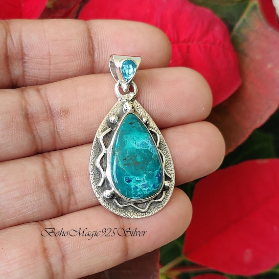 Handmade Blue Apatite Teardrop Pendant: 925 Sterling Silver Handmade Blue Apatite Teardrop Pendant: 925 Sterling Silver