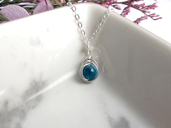 Apatite Minimalist Dainty Sterling Silver Pendant | Wire Wrapped Jewelry