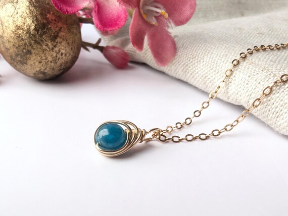 Apatite Necklace 14k Gold Filled Minimalist Dainty Pendant Natural Gemstone Gift For Her Wire Wrapped Apatite Pendant
