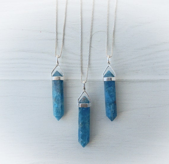 Apatite Necklace, Silver Blue Apatite Pendant, Sterling Gemstone Point, Healing Crystal Necklace, Layering Necklace, Gemstone Appeal, Gsa