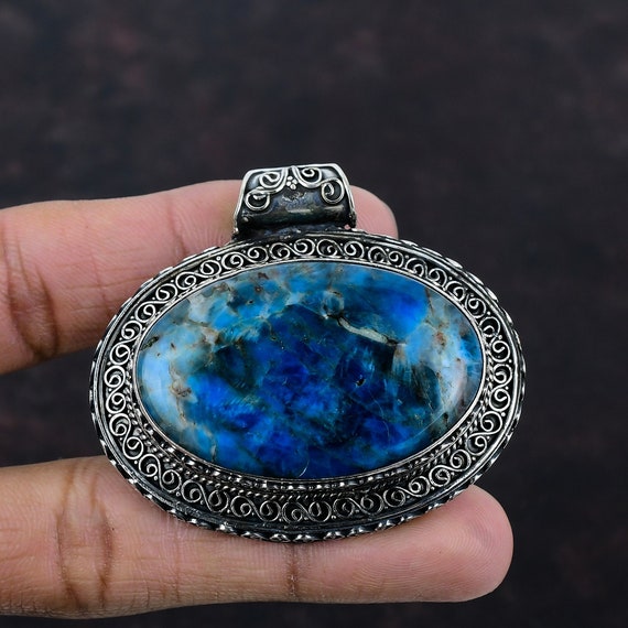 Neon Apatite 925 Sterling Silver Pendant - Handmade Vintage Jewelry