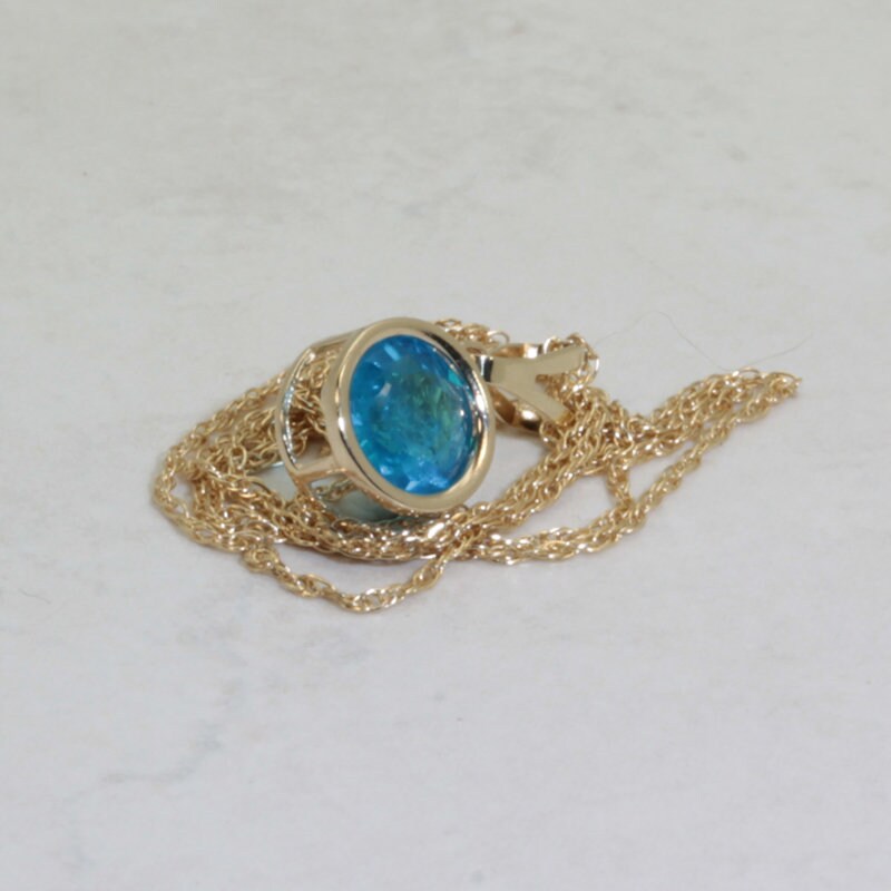 Neon Blue Apatite Pendant (genuine Natural Apatite), 6mm X 0.81 Carat, Round Cut, 14 Karat Solid Gold Apatite Necklace Inc. Solid Gold Chain