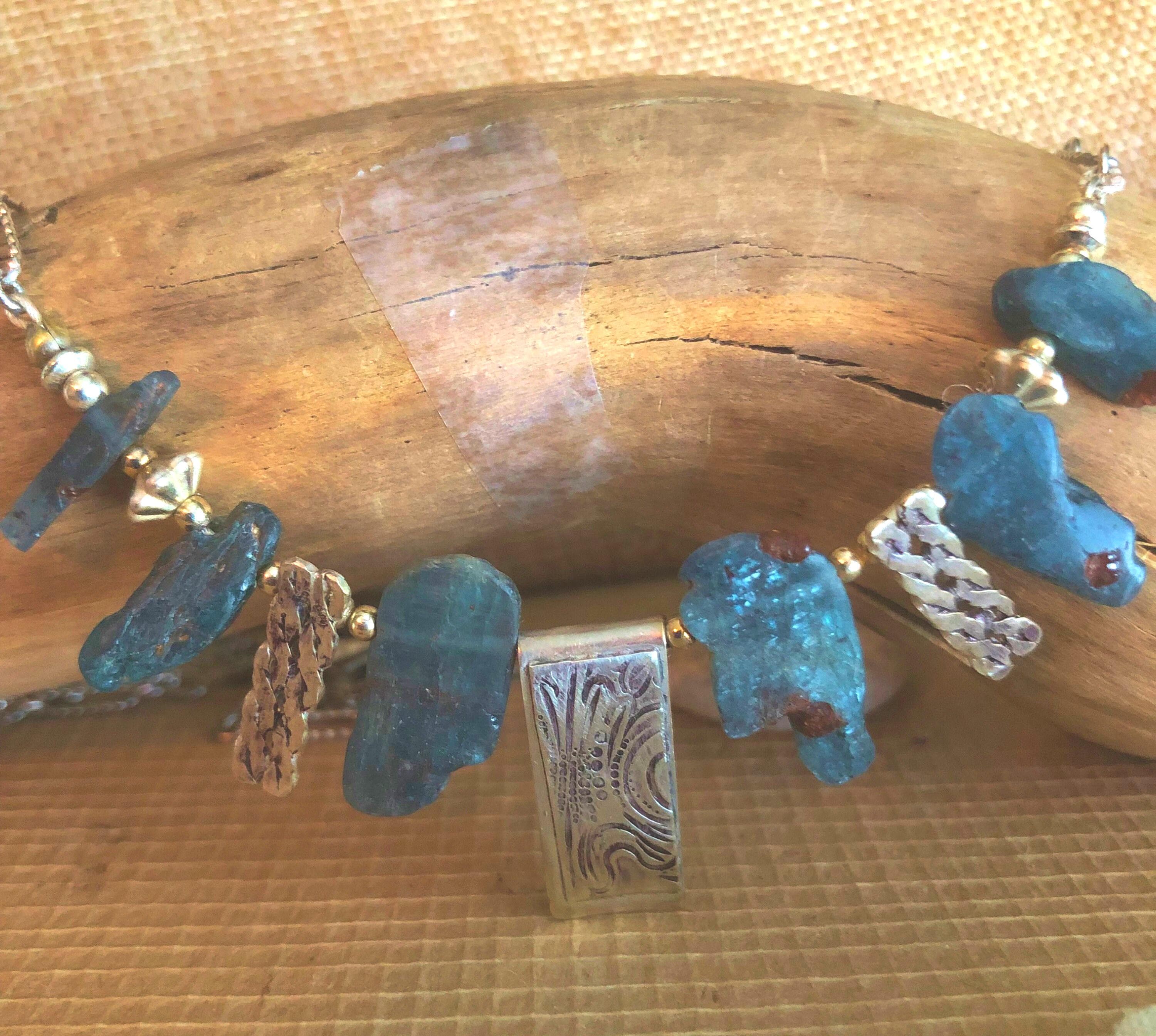 Raw Blue Apatite Bib Necklace: Sterling Silver Swirl Pendant