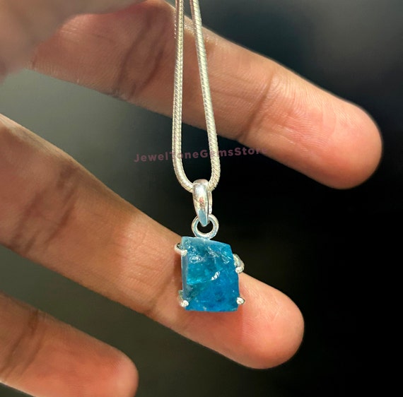 Raw Apatite Necklace: Sterling Silver Gemstone Pendant, Healing Crystal