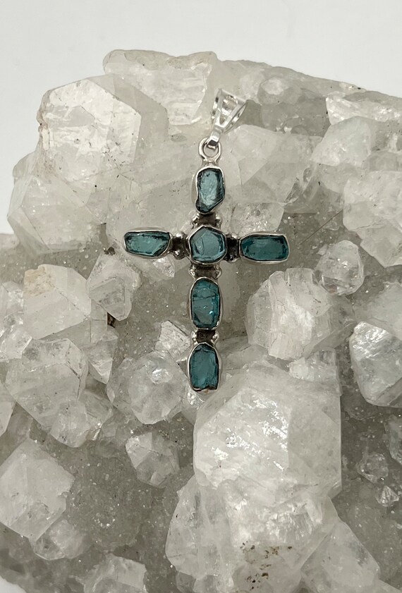 Rough Neon Blue Apatite Cross Pendant Rough Neon Blue Apatite Cross Pendant