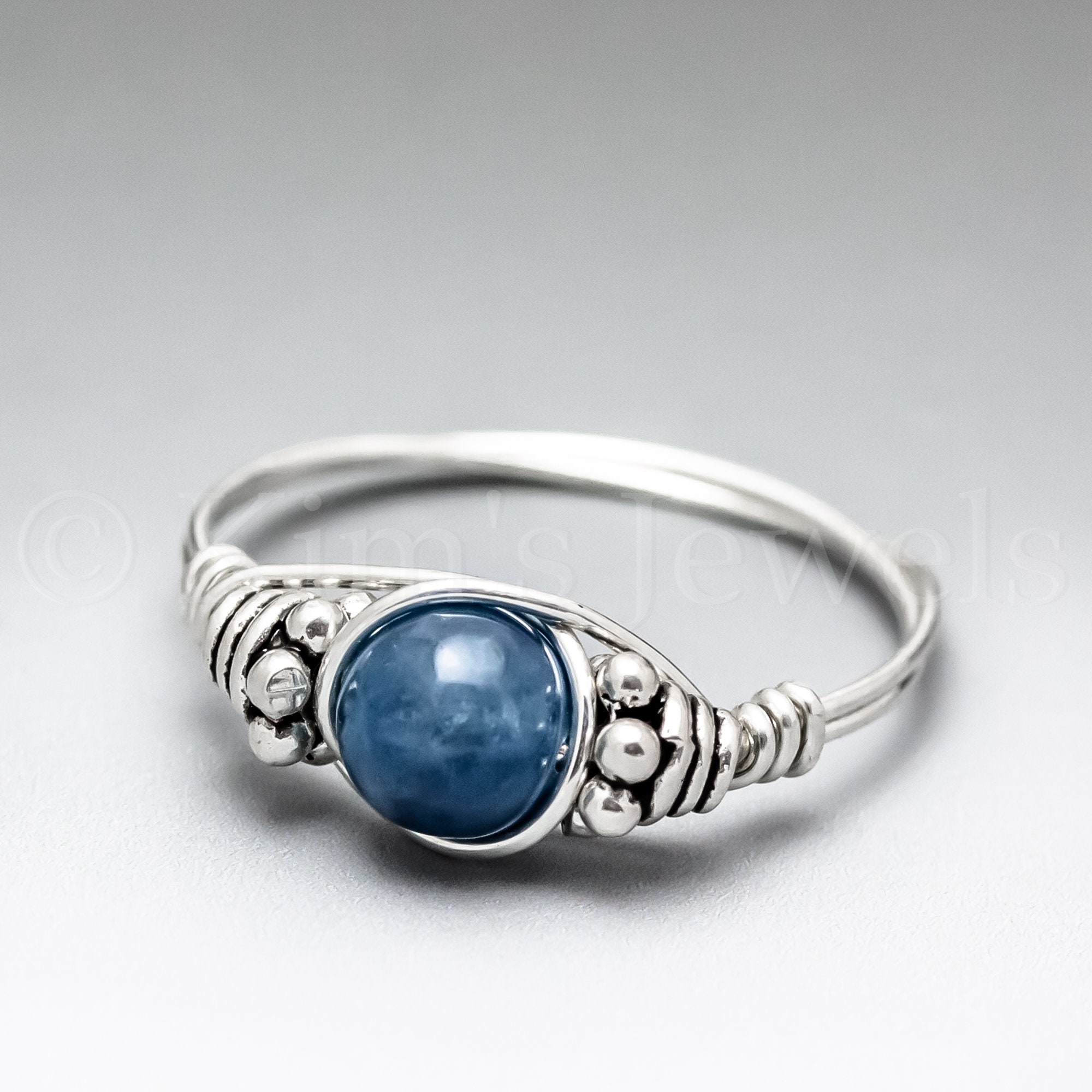 Blue Apatite Bali Sterling Silver Wire Wrapped Gemstone Bead Ring - Made To Order Blue Apatite Bali Sterling Silver Wire Wrapped Gemstone Bead Ring - Made To Order