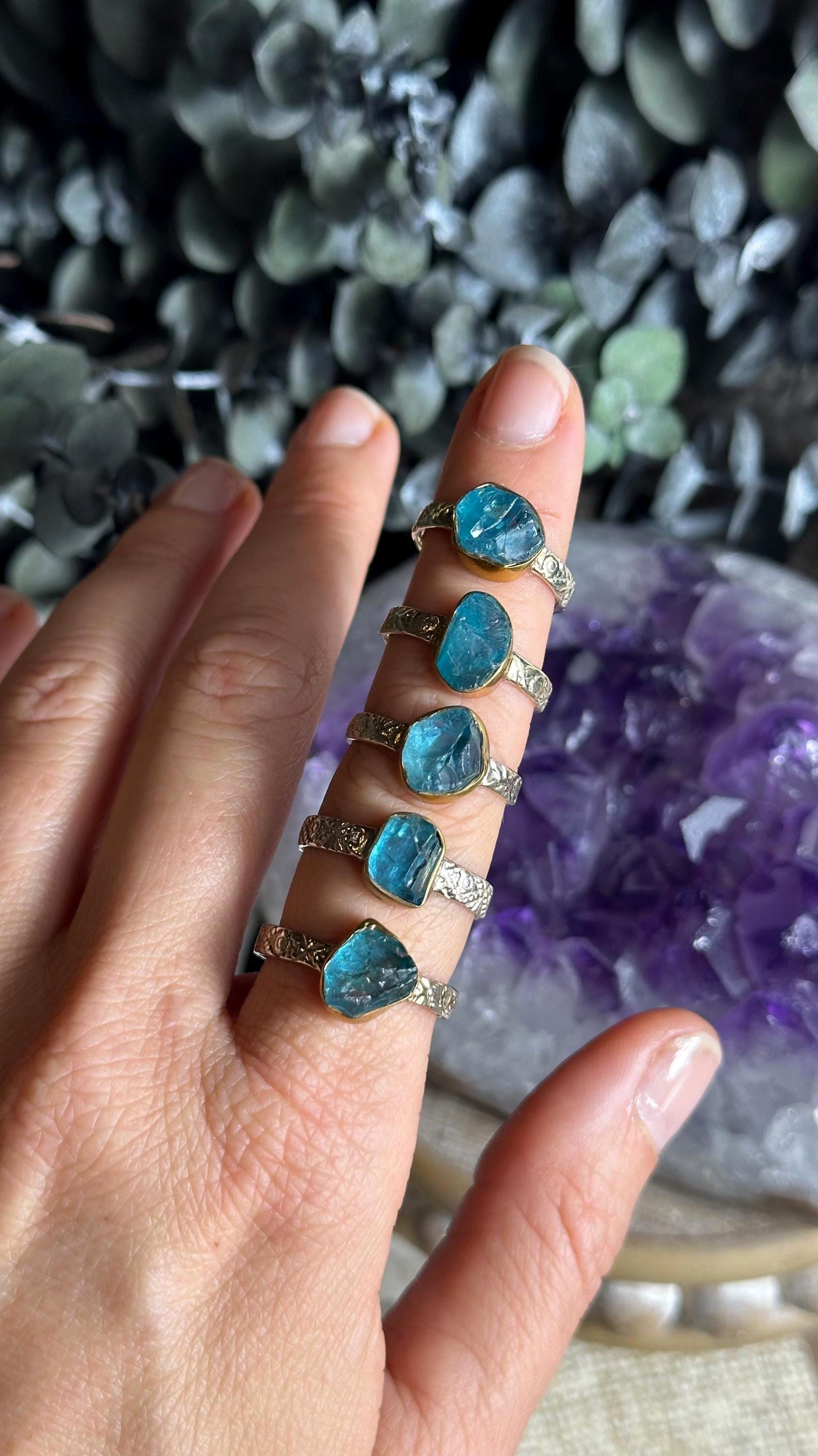 Gold-accented Raw Apatite Ring On .925 Sterling Silver Band