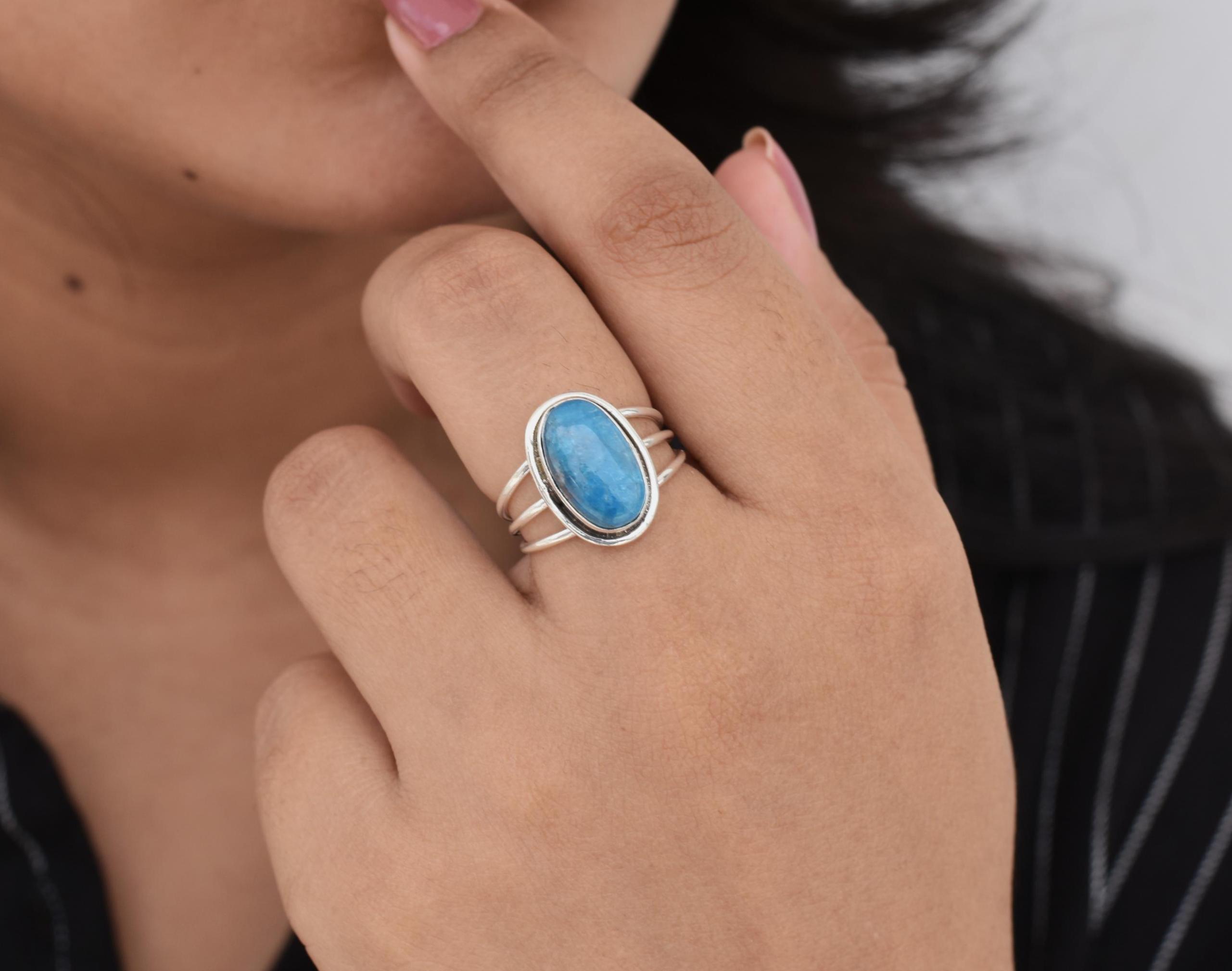 Handmade Apatite Ring, 925 Sterling Silver, Oval Shape, Blue Color Stone, Triple Band Ring, Bezel Set, Silver Ring, Can Be Personalized Gift