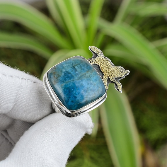 Handmade Neon Apatite Ring: 925 Sterling Silver, Adjustable, 18k Gold Plated