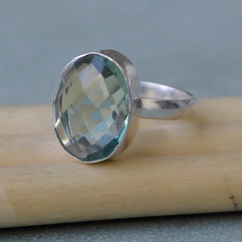 Oval Rose Cut Apatite Quartz Ring, Sterling Silver Yellow & Rose Gold Plated Oval Rose Cut Apatite Quartz Ring, Sterling Silver Yellow & Rose Gold Plated