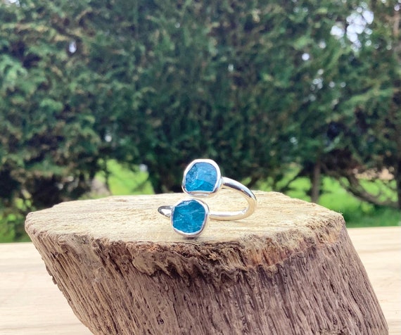 Raw Blue Apatite Ring: Sterling Silver Double Stone Adjustable Jewelry