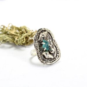 Raw Apatite Ring From Sterling Silver With Small Handmade Sea Shells, Blue Stone Jewelry Marine Gift For Her Size 6